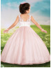 V Neck Ivory Lace Dusty Rose Tulle Wedding Flower Girl Dress